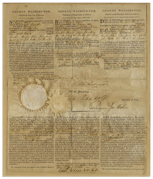 George Washington Three Language Ship's Paper Signed as President -- Dated 15 July 1795